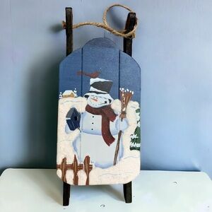 Wooden Sleigh with Hand Painted Snowman Holiday Christmas Decor Vintage